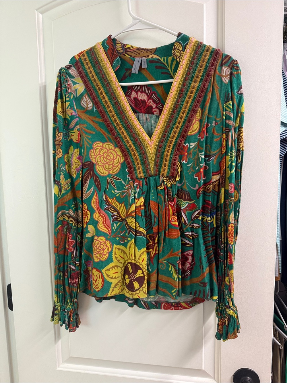 Anthropologie Green Floral Boho V-Neck Blouse with Yellow Accents